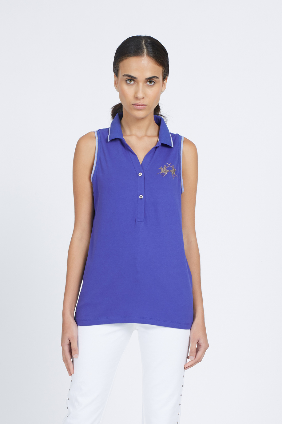 Women's sleeveless cotton blend polo shirt - Viola - Polo Shirts | La Martina - Official Online Shop
