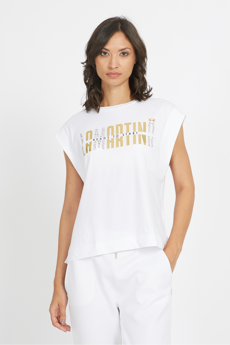 Women's sleeveless 100% stretch cotton regular fit t-shirt - Versie - T-Shirts | La Martina - Official Online Shop