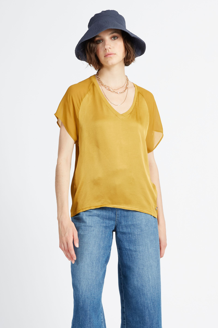 Einfarbiges Kurzarm-Blusenhemd mit V-Ausschnitt für Damen - Villhelmine - Preview | La Martina - Official Online Shop