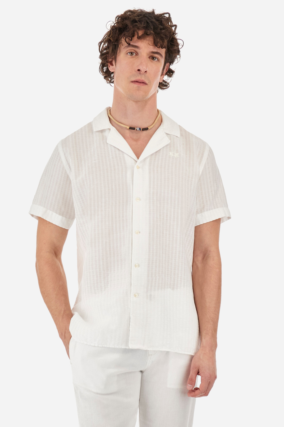 Kurzärmeliges Hemd mit Streifen-Print aus Baumwolle und Leinen – Yul - Hemden | La Martina - Official Online Shop