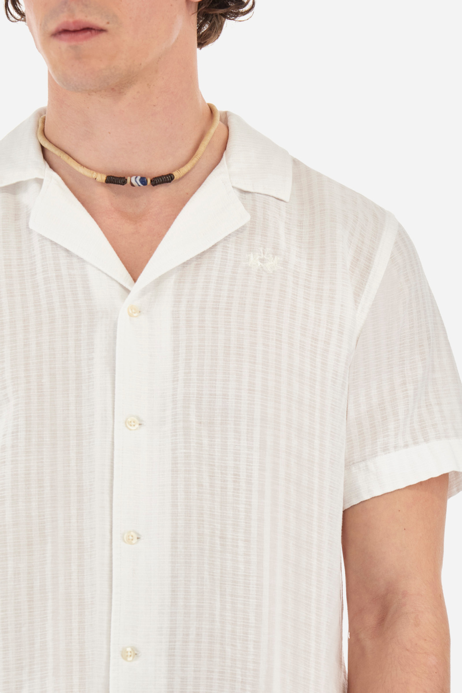 Short-sleeved shirt with a striped print in cotton and linen - Yul - Shirts | La Martina - Official Online Shop
