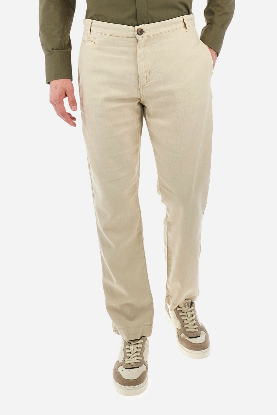 Pantalón chino de algodón y lino de corte recto - Yasuhiko - Pantalones | La Martina - Official Online Shop