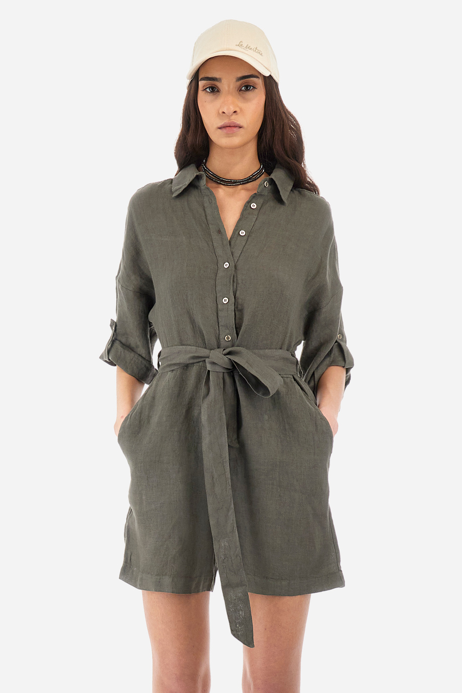 Regular-fit 3/4 sleeve one-piece with shorts in linen - Yacinta - Dresses | La Martina - Official Online Shop