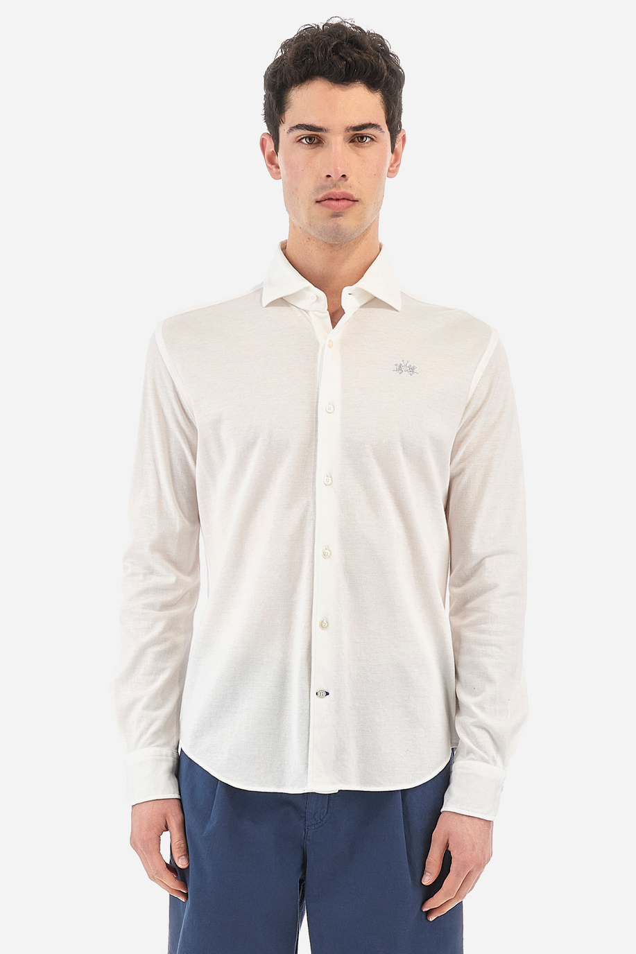 Long-sleeved shirt in cotton piqué, fitted cut for men - Qalam - Premium Fabrics | La Martina - Official Online Shop