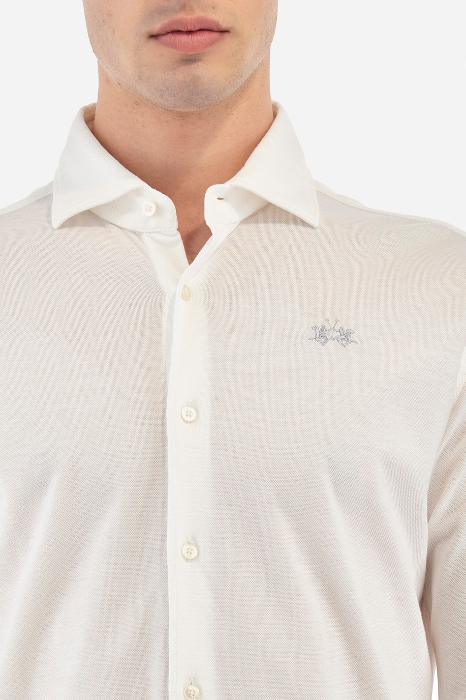 Chemise manches longues en piqué de coton coupe ajustée pour homme - Qalam - Chemises | La Martina - Official Online Shop
