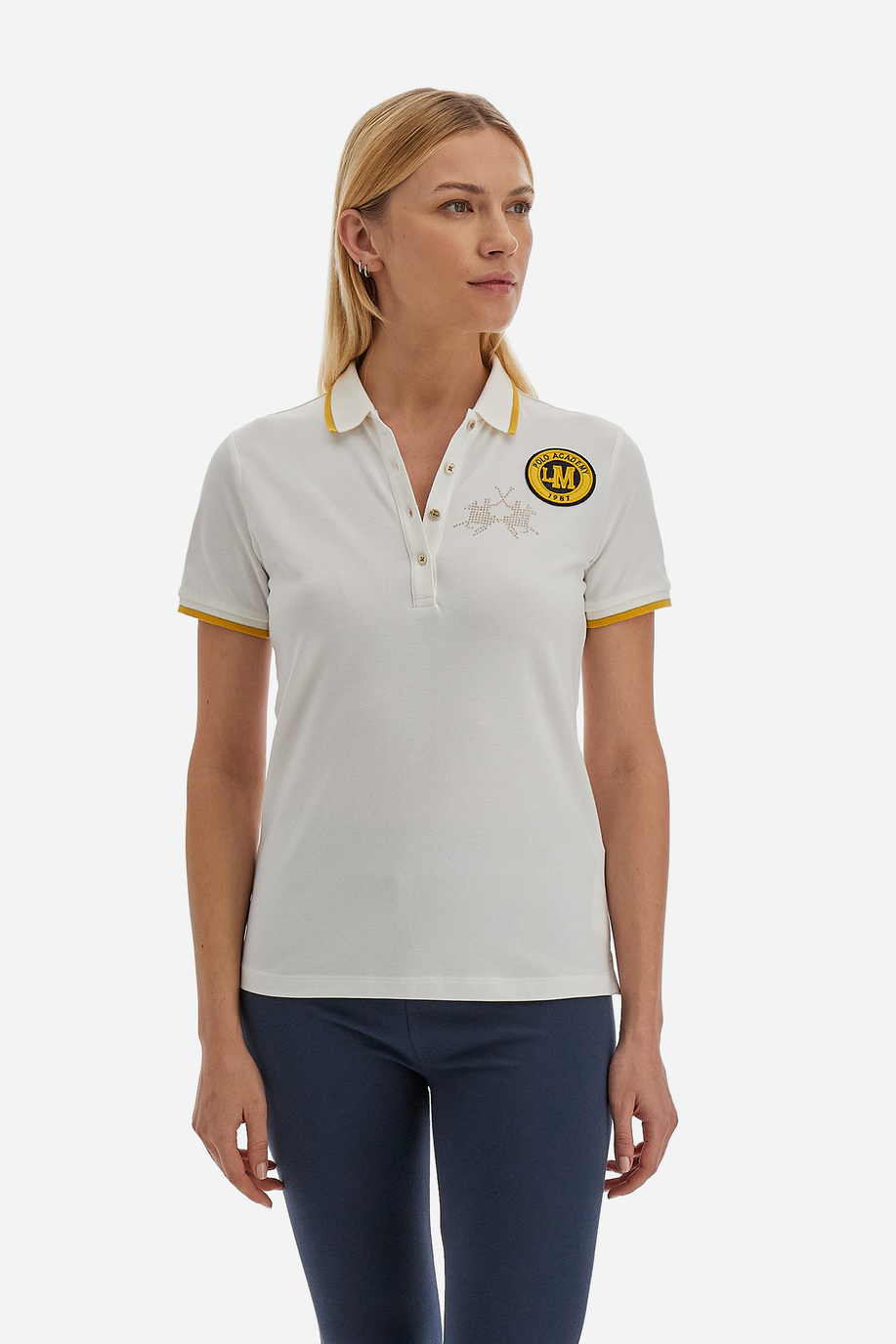 Short-sleeved women's polo shirt with sequined logo and Polo Academy patch - Varka - Our favourites for her | La Martina - Official Online Shop
