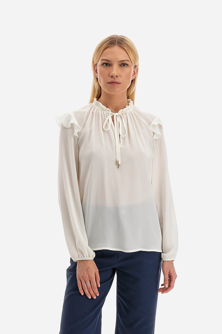 Women's long-sleeved shirt in solid color and georgette fabric Spring Weekend - Ville - Preview | La Martina - Official Online Shop