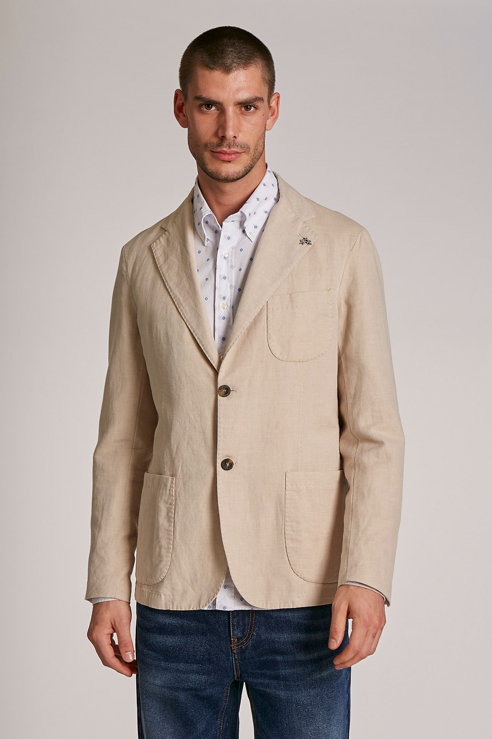 Chaqueta de hombre de mezcla de algodón y lino, modelo blazer, corte regular - La Martina - Official Online Shop