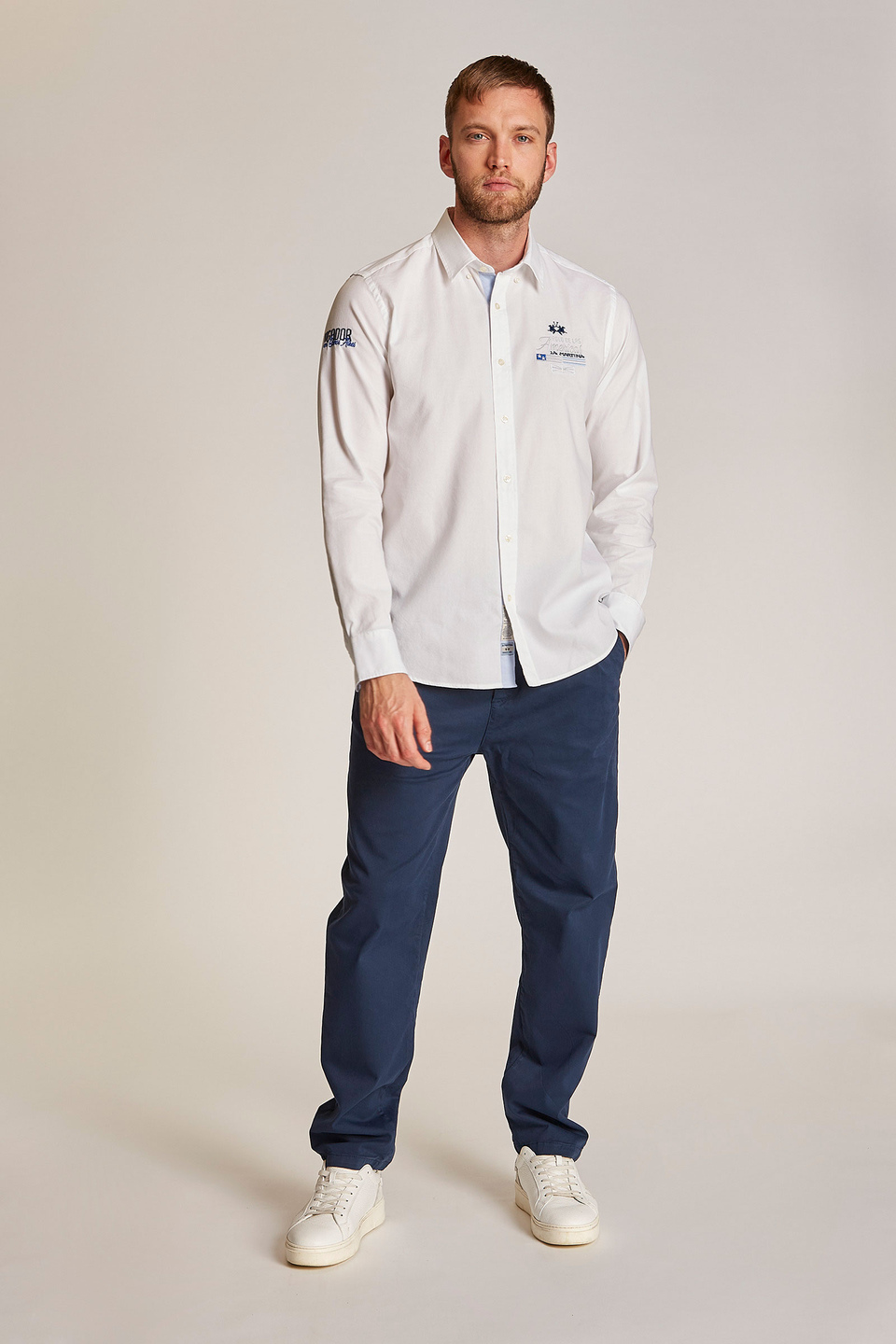 Camicia da uomo a maniche lunghe con ricamo a contrasto regular fit - La Martina - Official Online Shop
