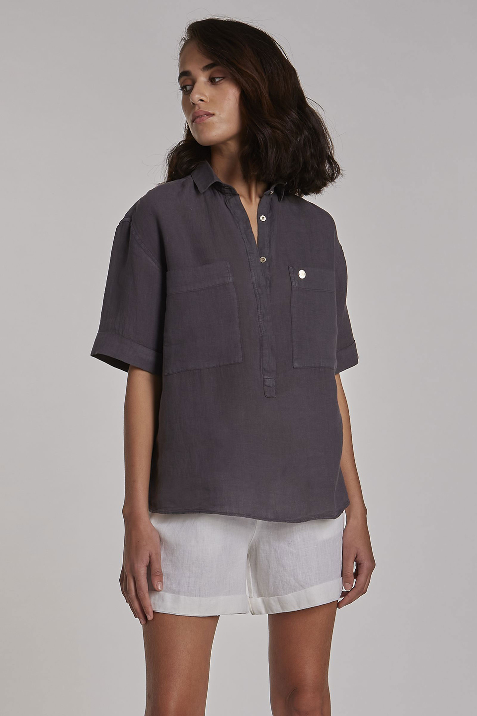 Women's plain-coloured regular-fit shirt in 100% linen fabric - La Martina - Official Online Shop