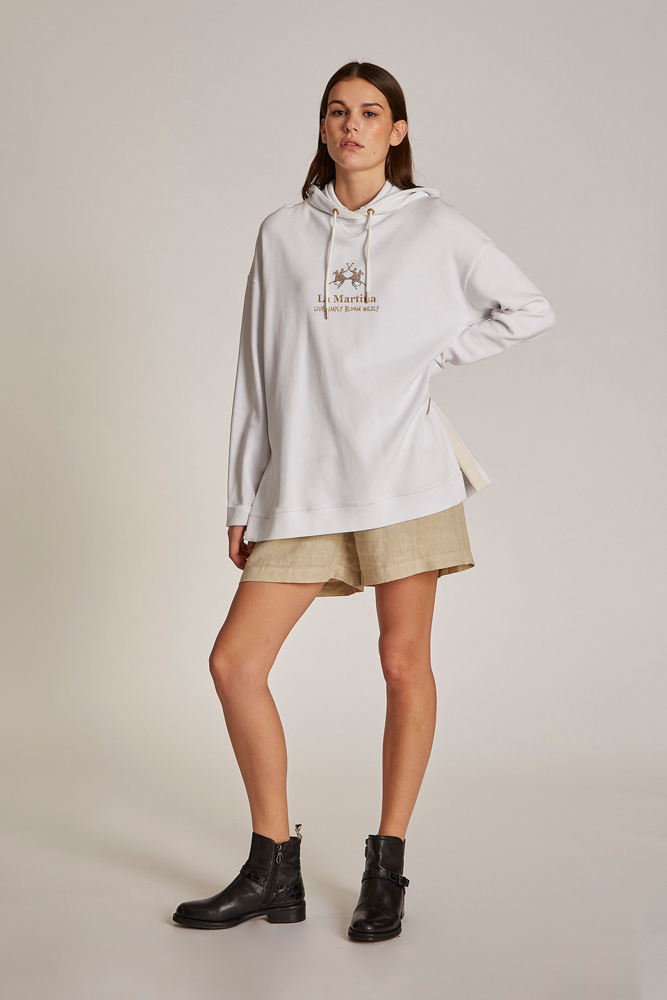 Sweat-shirt femme en coton avec logo en strass et coupe classique - La Martina - Official Online Shop