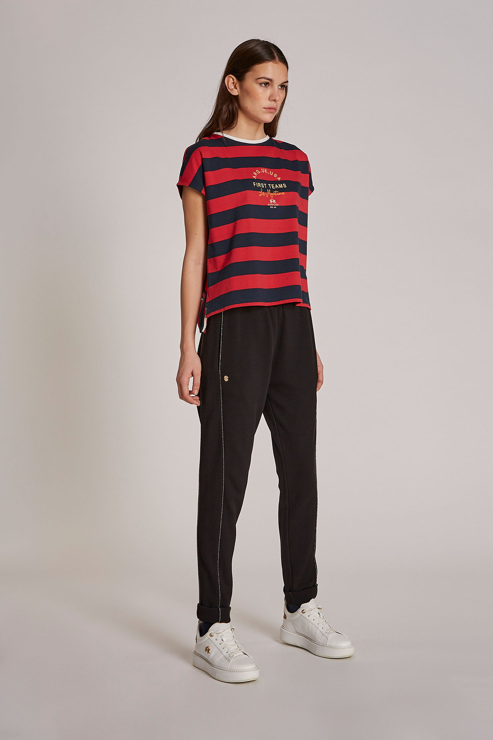 Damen-T-Shirt aus 100 % Baumwolle mit zweifarbigen Streifen im Regular Fit - La Martina - Official Online Shop