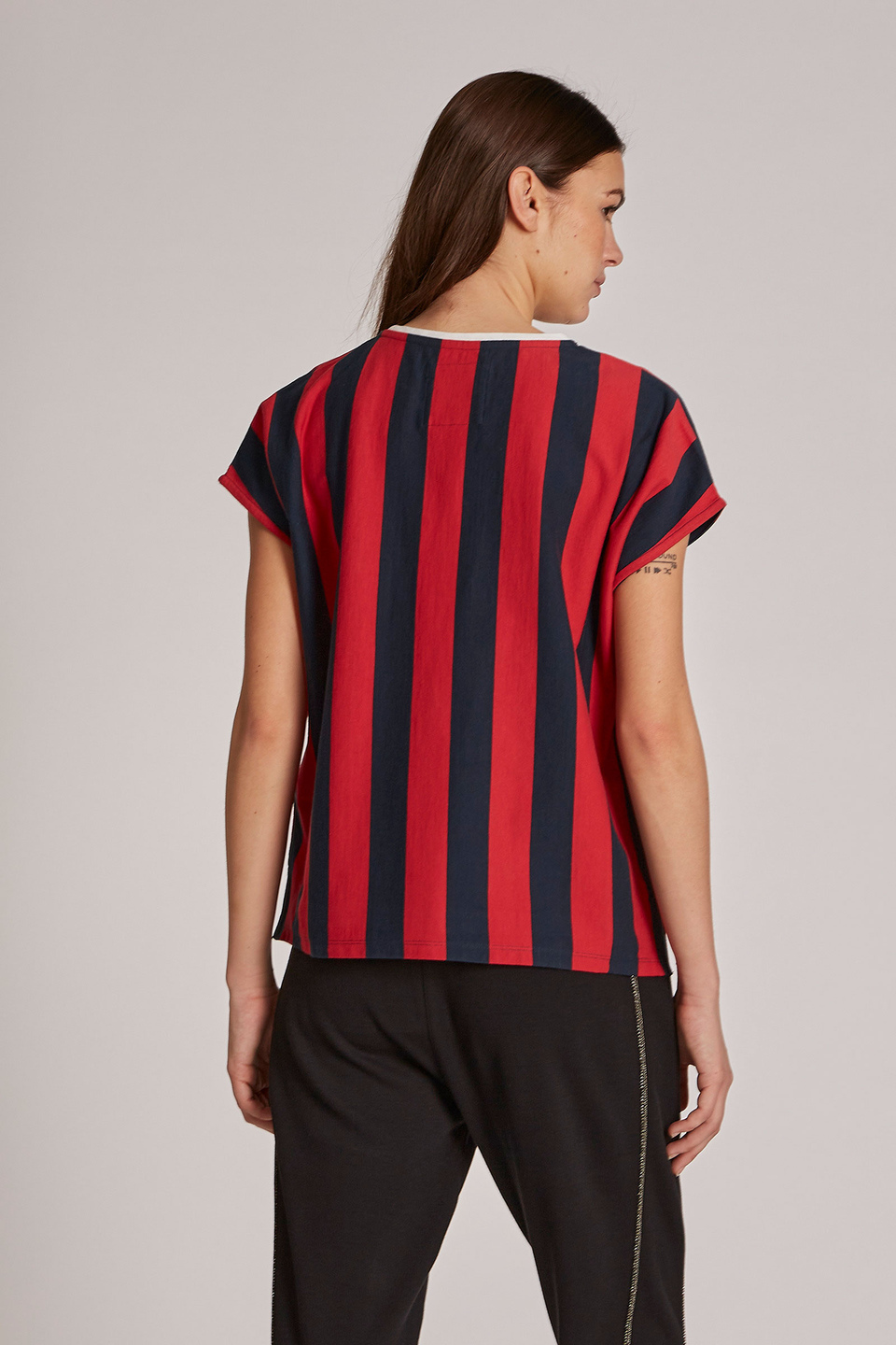 T-shirt femme 100% coton à rayures bicolores et coupe classique - La Martina - Official Online Shop