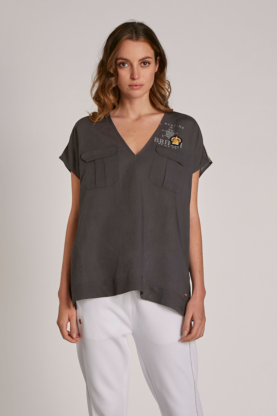 Women's regular-fit viscose and linen-blend blouse - La Martina - Official Online Shop