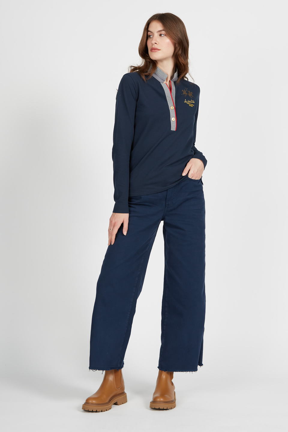 Polo femme à manches longues en coton stretch regular fit - La Martina - Official Online Shop