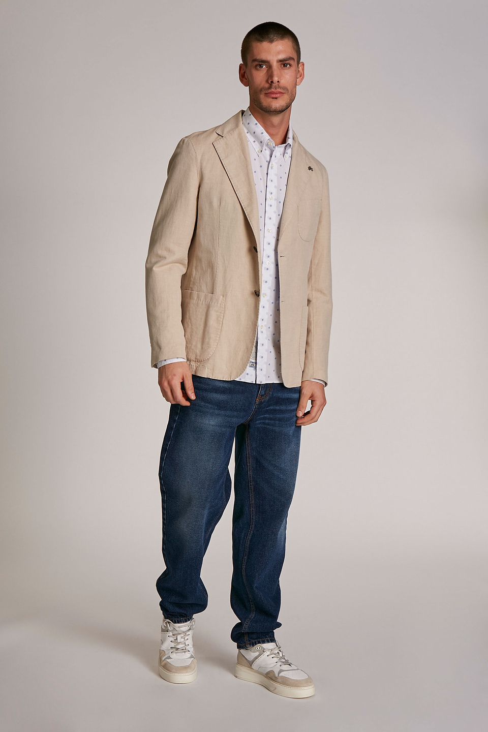 Chaqueta de hombre de mezcla de algodón y lino, modelo blazer, corte regular | La Martina - Official Online Shop