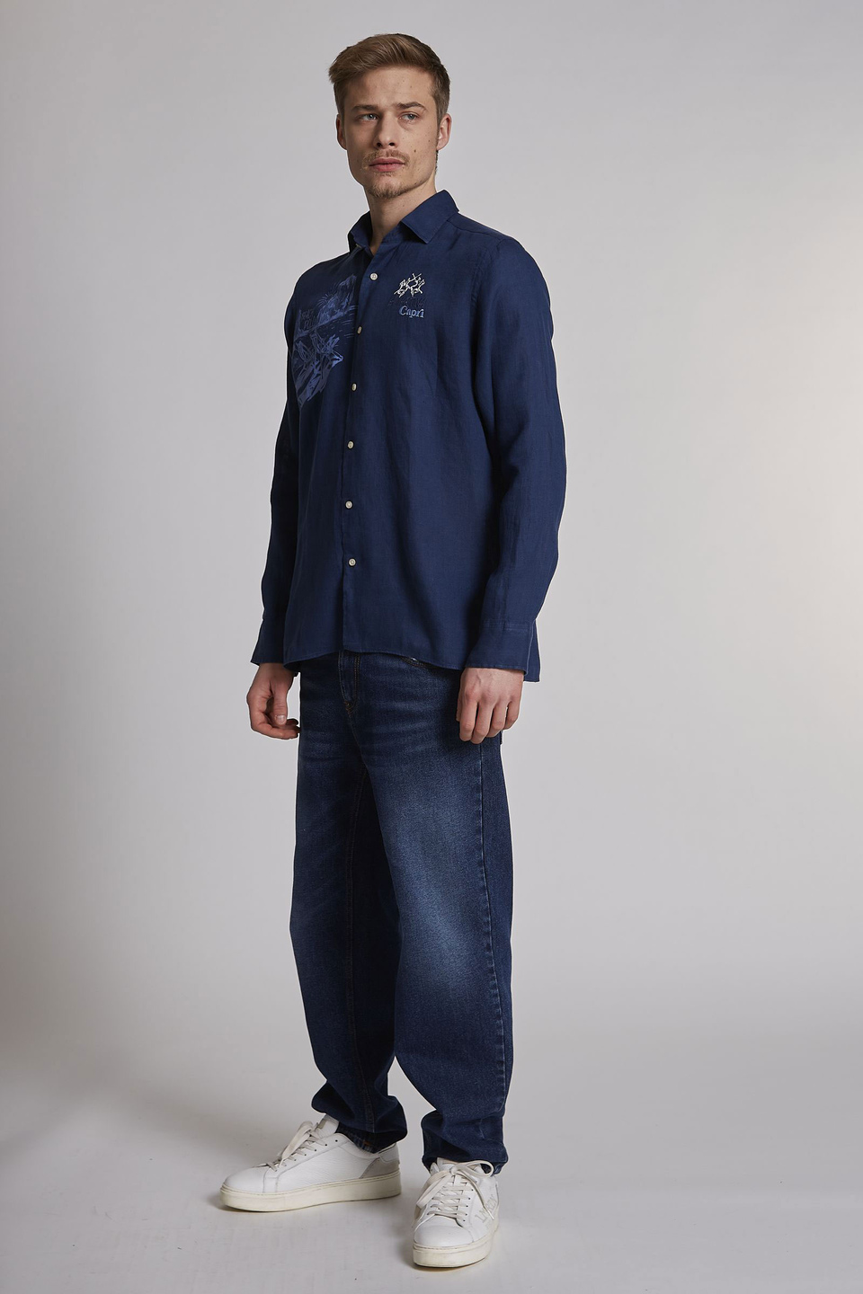 Chemise homme en lin à manches longues et coupe classique | La Martina - Official Online Shop