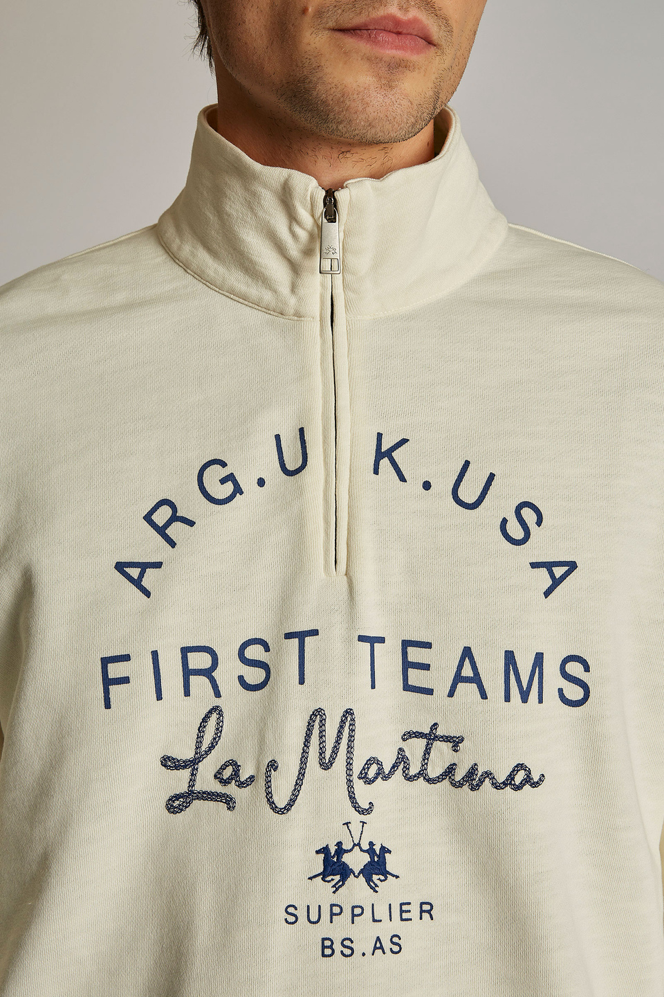 Men's oversized zip-neck sweatshirt in 100% cotton fabric | La Martina - Official Online Shop