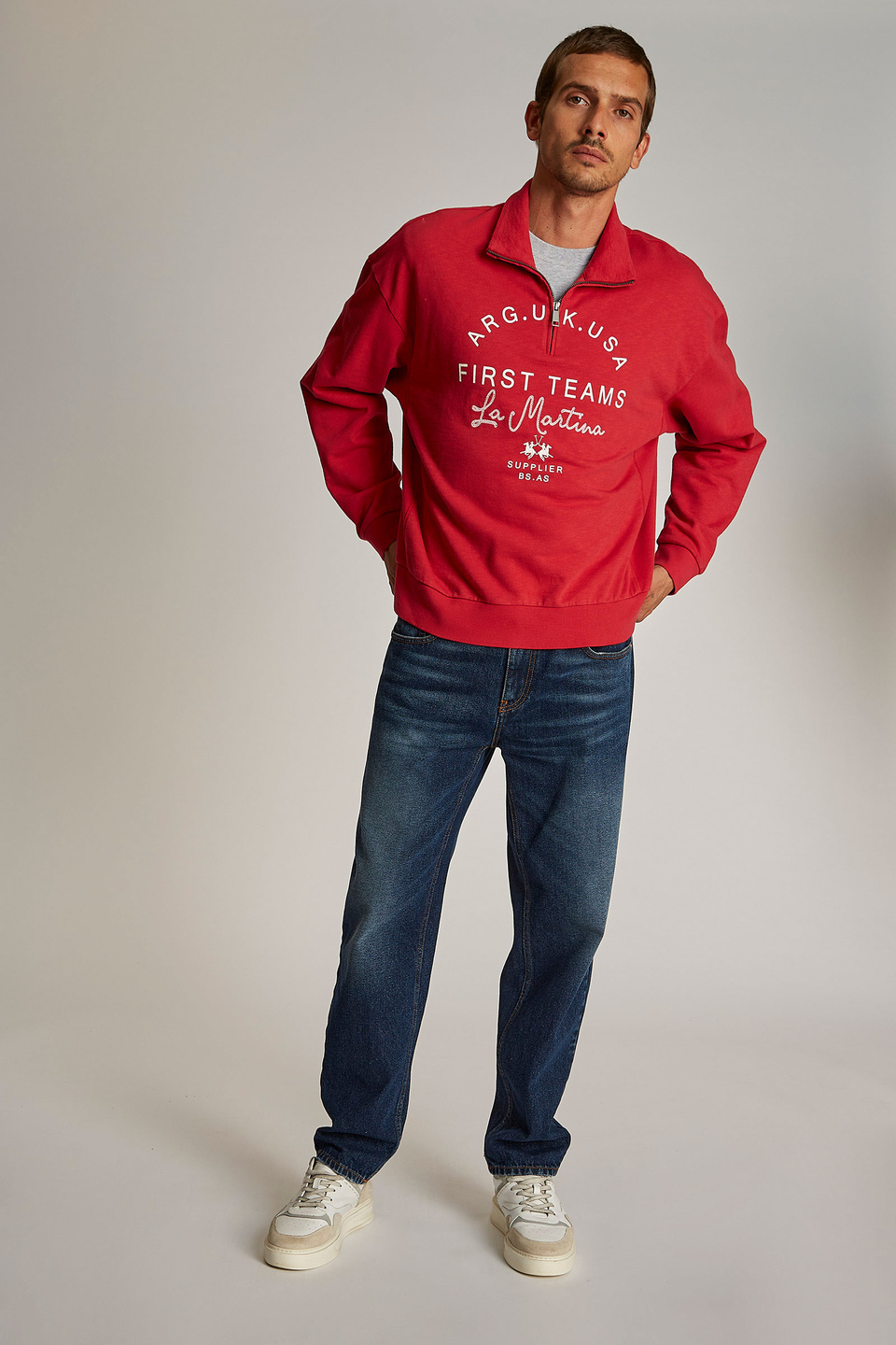 Sweat-shirt homme 100% coton, avec col zippé et coupe oversize | La Martina - Official Online Shop