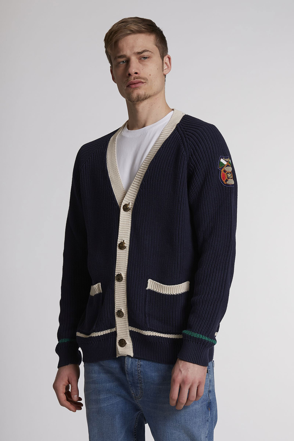 Men's long-sleeved regular-fit cotton cardigan Navy La Martina | Shop