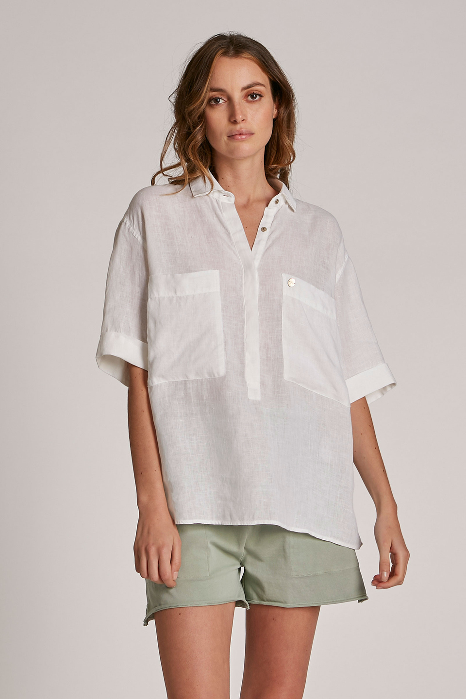 Women's plain-coloured regular-fit shirt in 100% linen fabric | La Martina - Official Online Shop