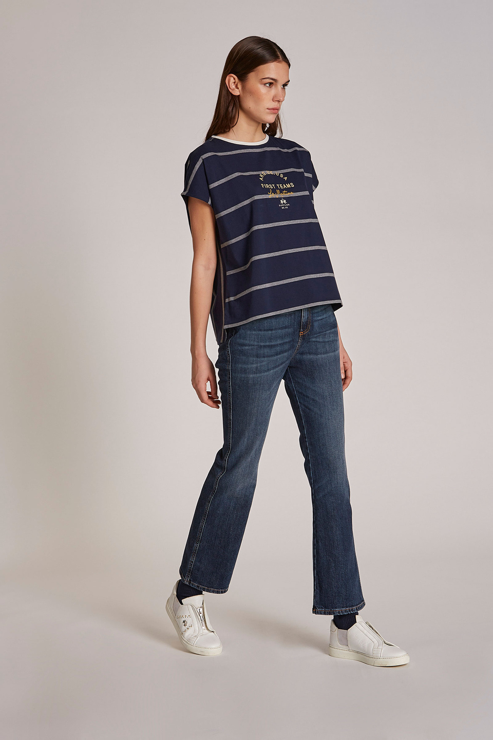 T-shirt femme 100% coton à rayures bicolores et coupe classique | La Martina - Official Online Shop