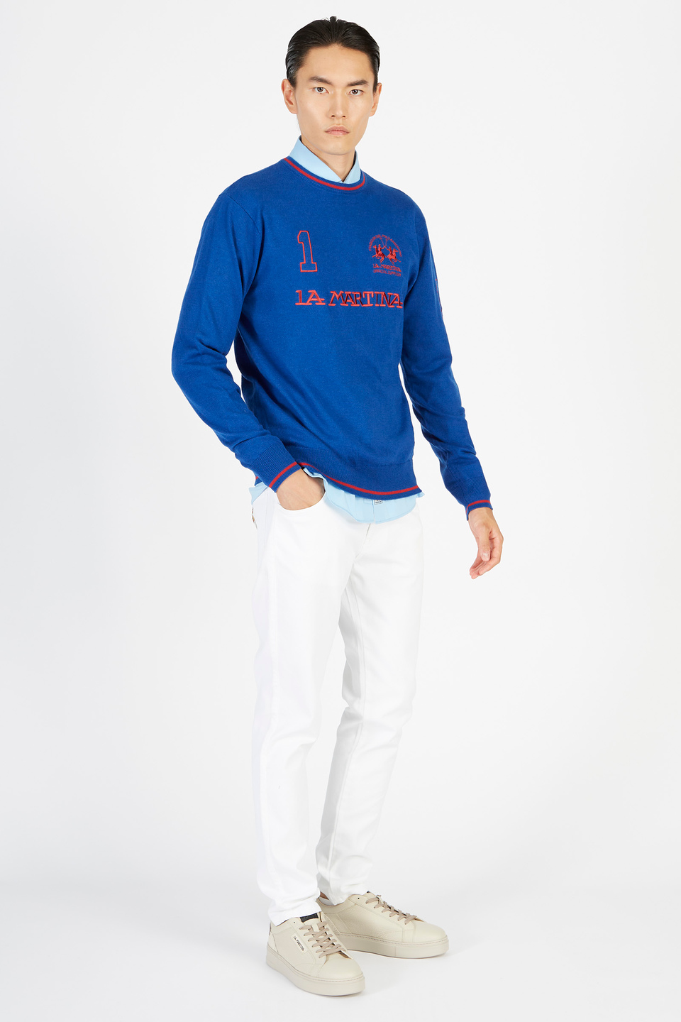 Chemise homme en popeline de coton à manches longues slim | La Martina - Official Online Shop