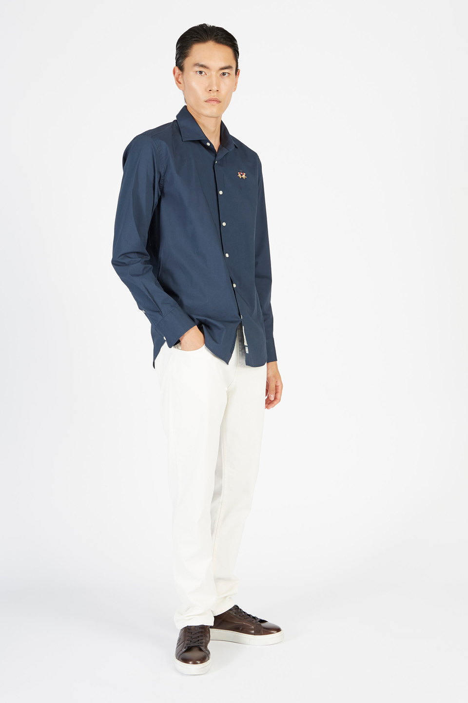 Camicia da uomo in cotone popeline maniche lunghe slim fit | La Martina - Official Online Shop