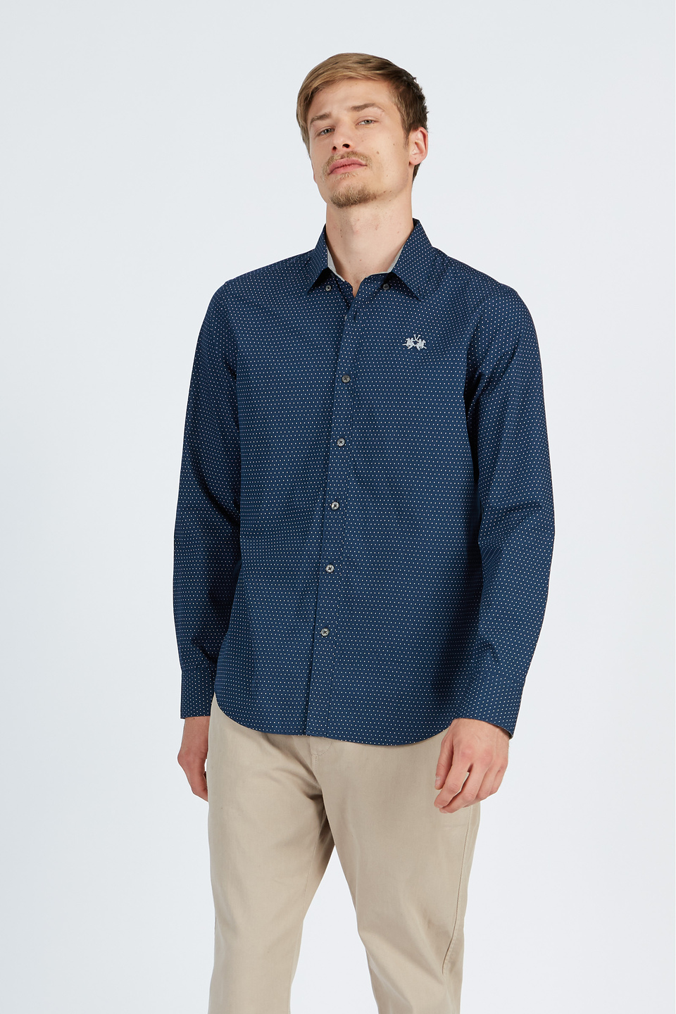Zeitloses Herren-Hemd mit Tupfen-Muster und langen Ärmeln aus Regular-Fit-Baumwolle | La Martina - Official Online Shop
