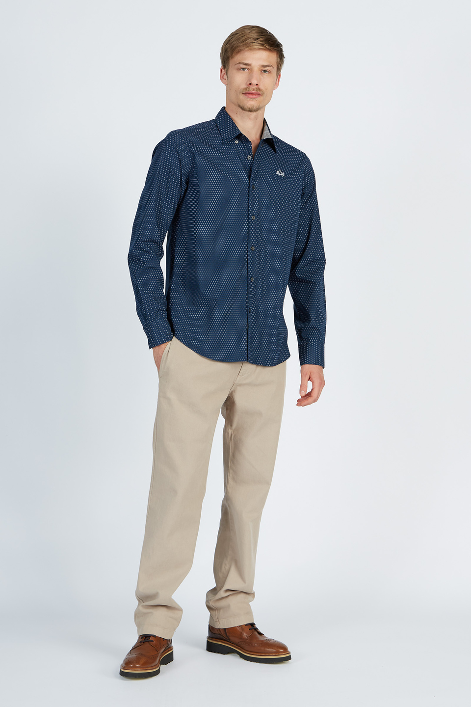Chemise Timeless pour homme avec motif à pois et manches longues en coton coupe régulière | La Martina - Official Online Shop