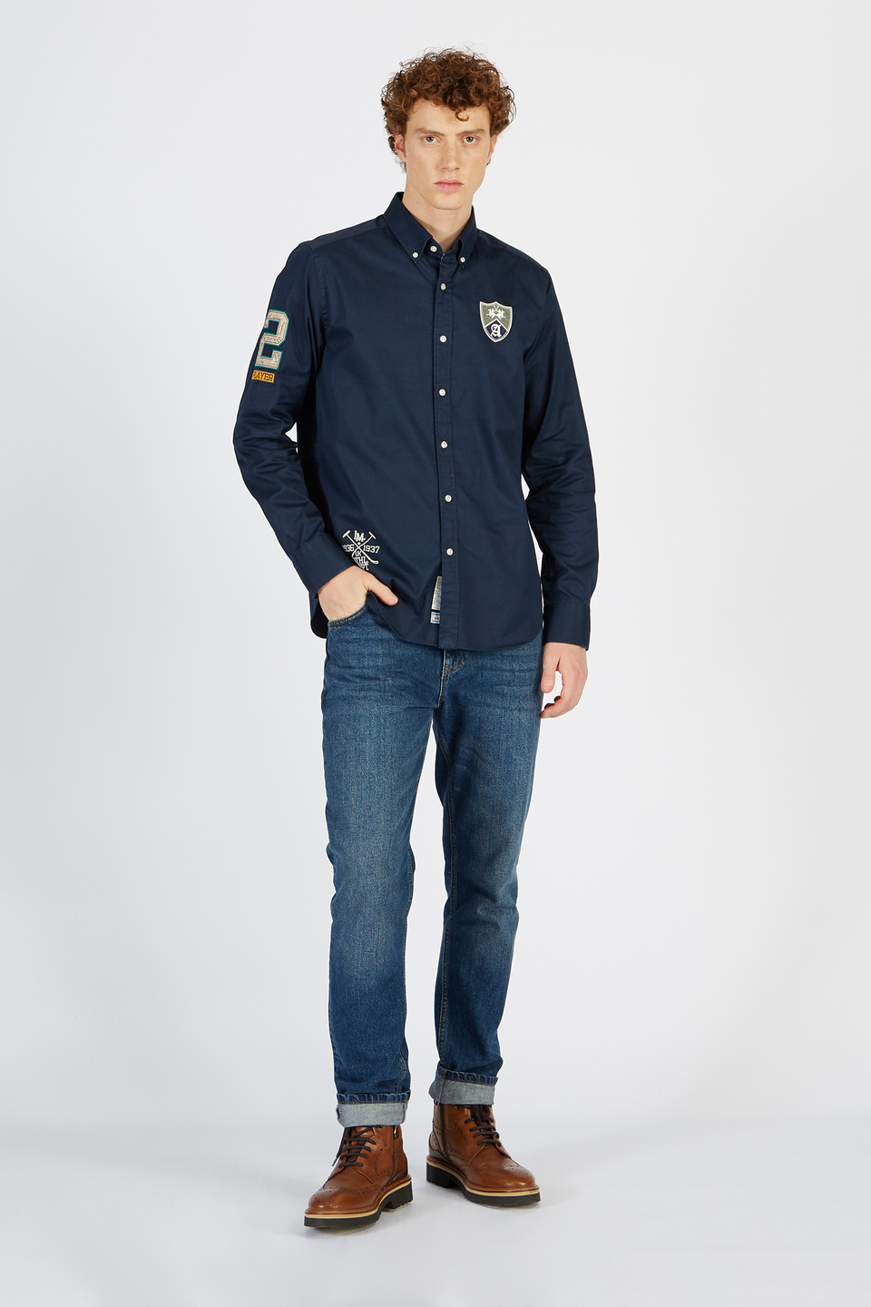 Chemise homme à manches longues en 100 % coton coupe droite | La Martina - Official Online Shop