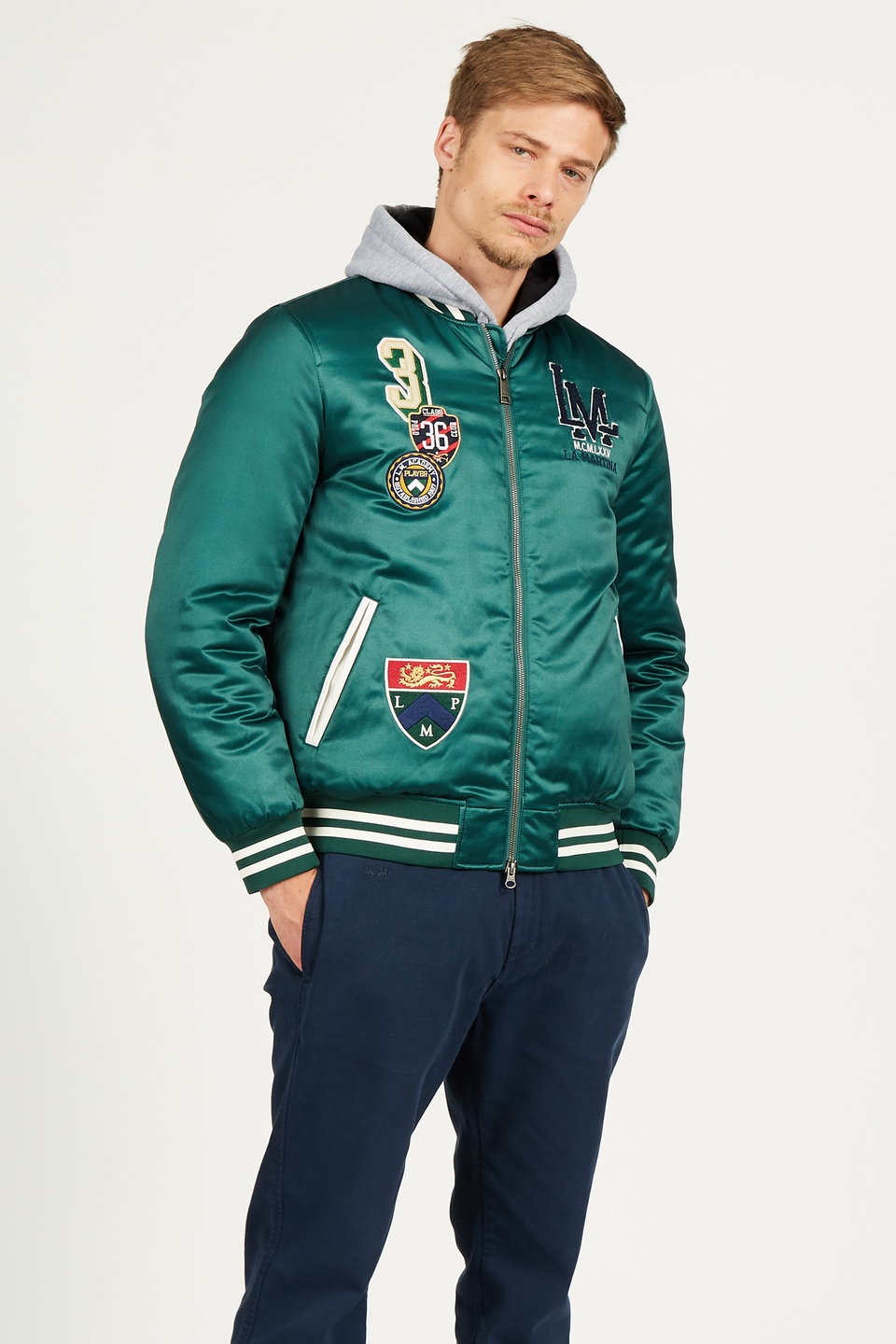 Men's bomber jacket in satin effect cotton blend, regular fit | La Martina - Official Online Shop