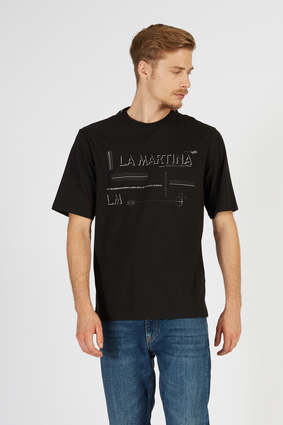 Men’s short-sleeved round neck stretch cotton t-shirt with regular fit | La Martina - Official Online Shop