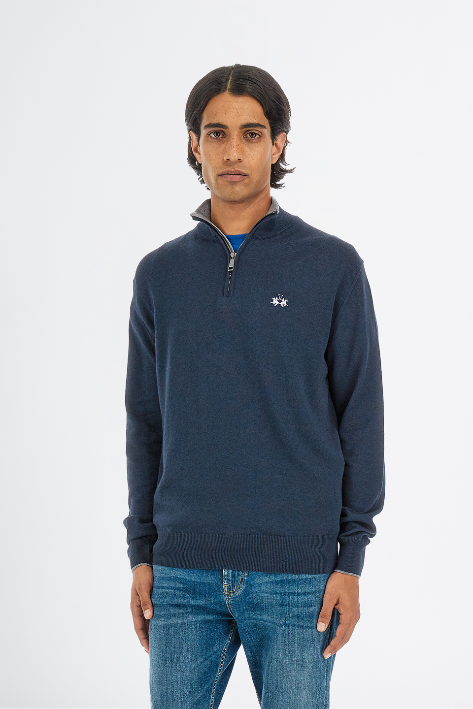 Pull tricot pour homme à manches longues en coton mélangé à la laine régulière avec col zippé | La Martina - Official Online Shop