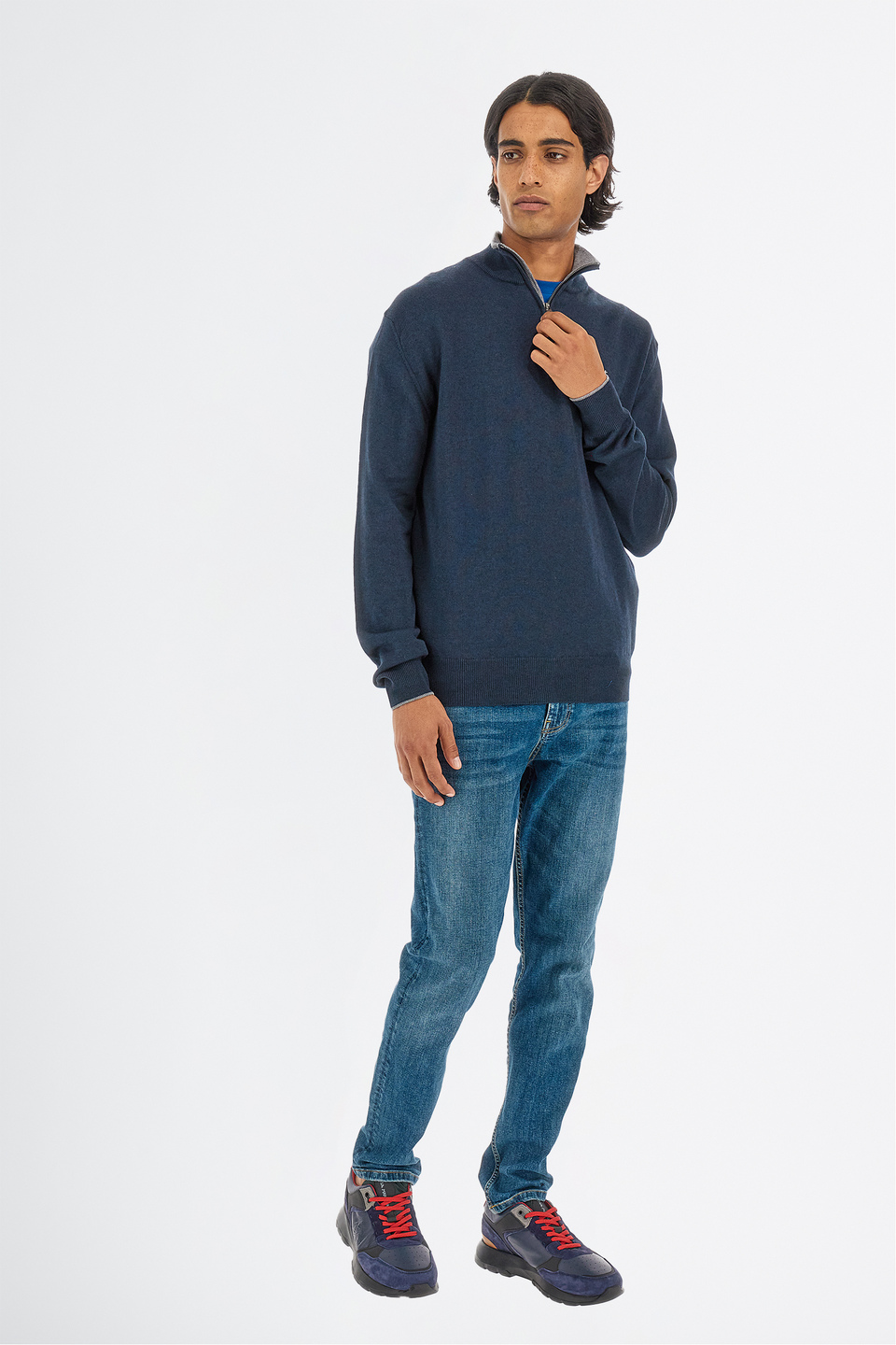 Maglia tricot da uomo a maniche lunghe in cotone misto lana regular fit con scollo a zip | La Martina - Official Online Shop