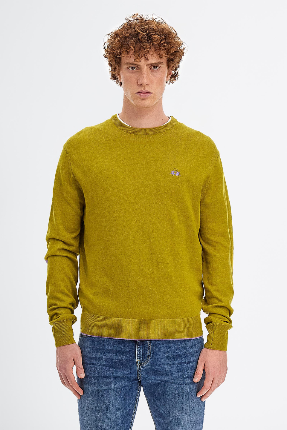 Men\'s knit sweater with long sleeves in cotton blend wool regular fit crew  neck Amber Green La Martina | Shop Online