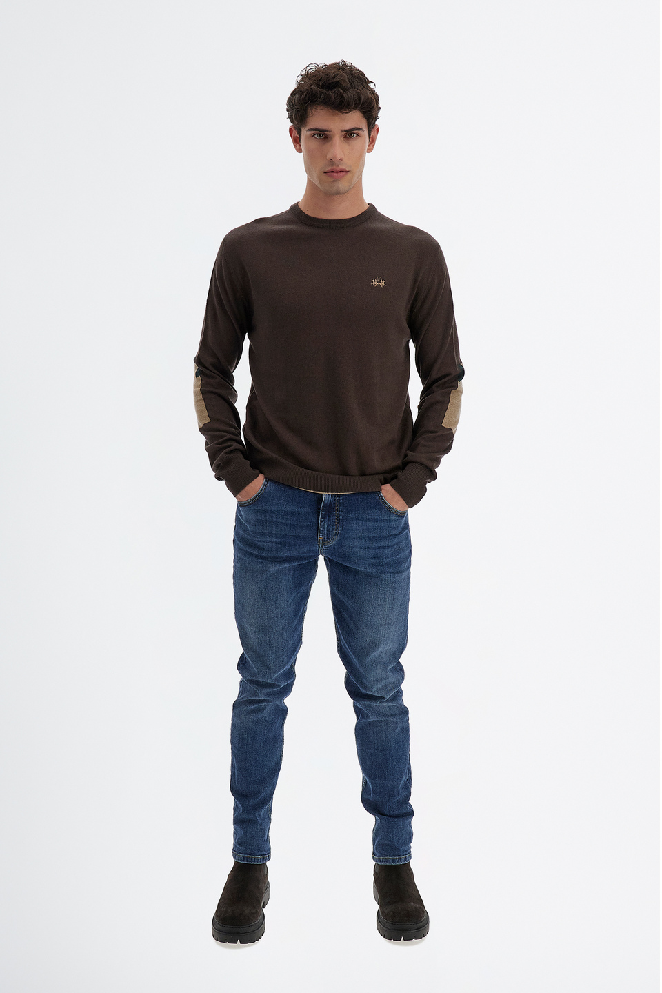 Men’s knit sweater with long sleeves in cotton blend wool regular fit crew neck | La Martina - Official Online Shop