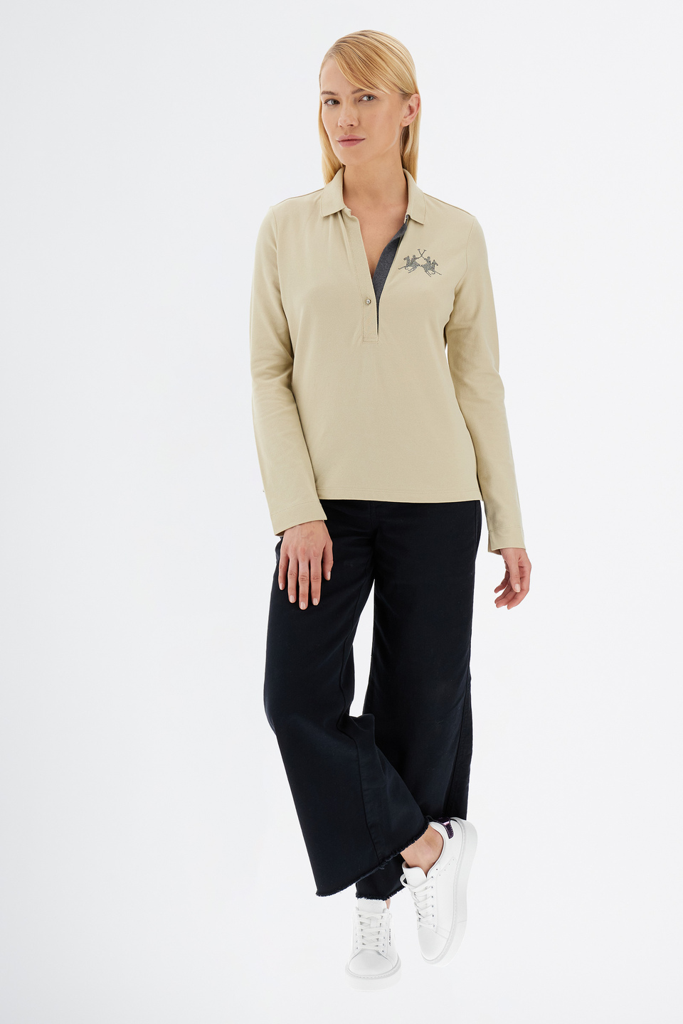 Polo femme Timeless à manches longues en coton piqué extensible et coupe régulière | La Martina - Official Online Shop