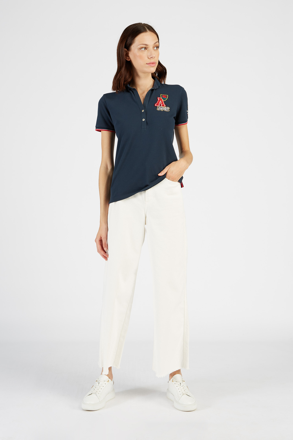 Damen-Poloshirt aus Stretch-Baumwolle mit kurzen Ärmeln | La Martina - Official Online Shop