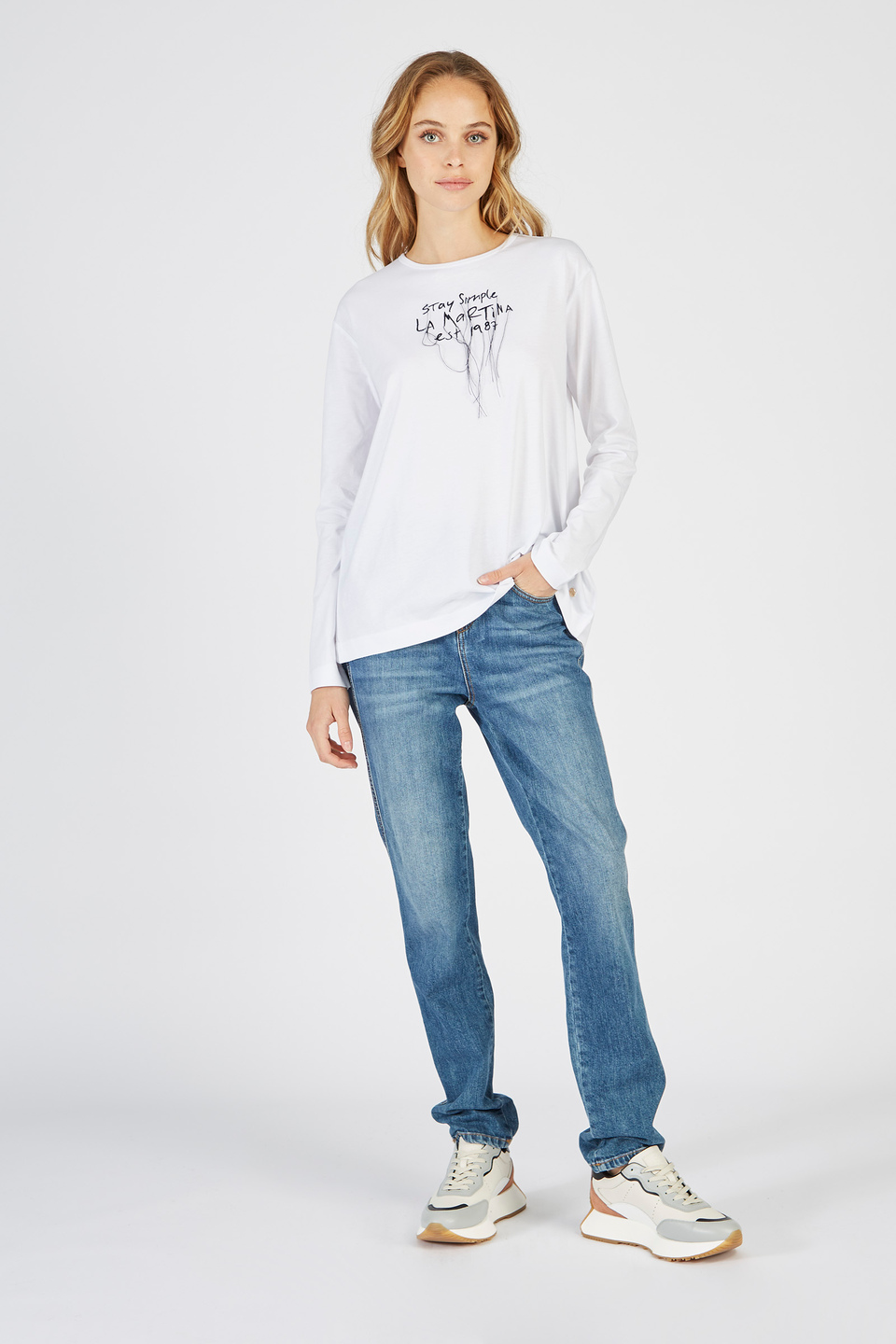 Damen-T-Shirt aus Baumwolle mit Rundhalsausschnitt und langen Ärmeln | La Martina - Official Online Shop