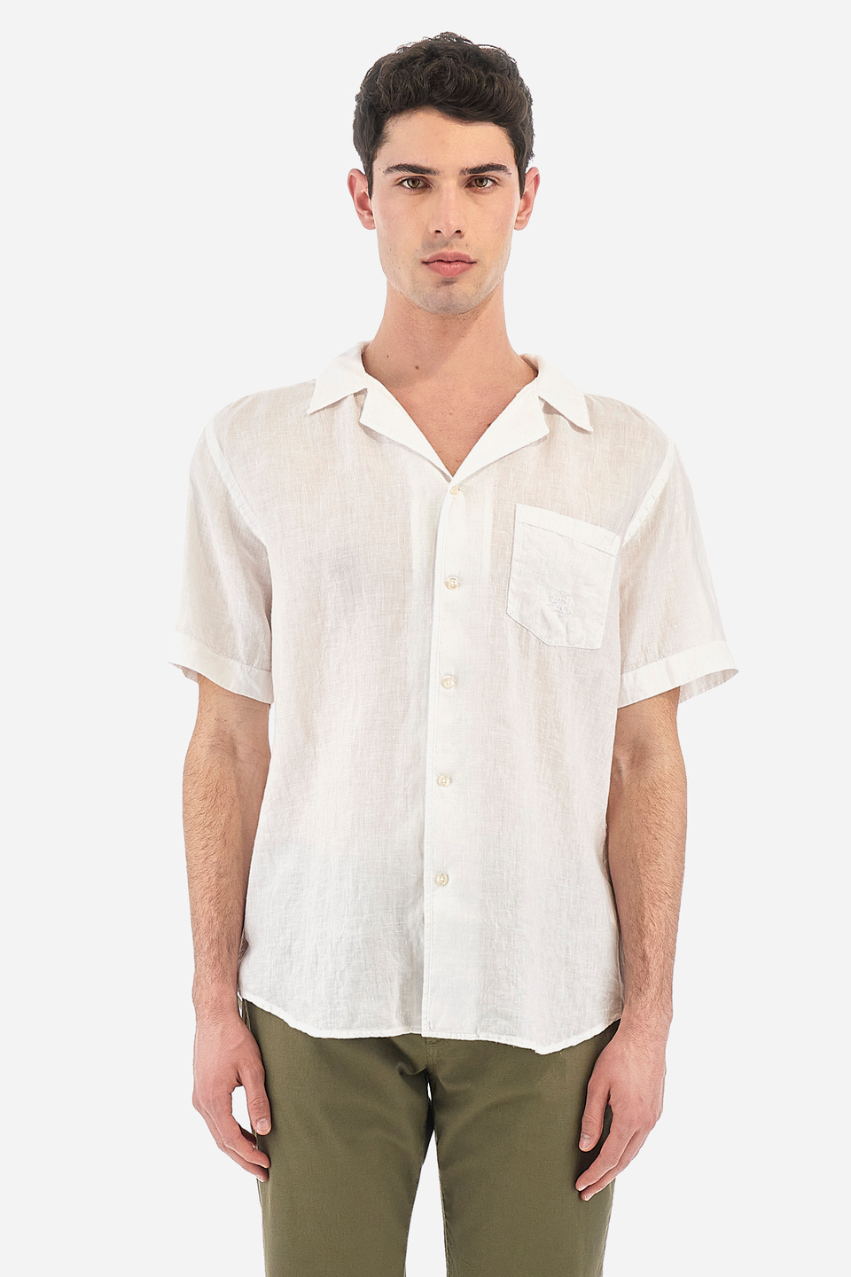 Regular fit 100% linen short-sleeved men's shirt - Varoun Optic White ...