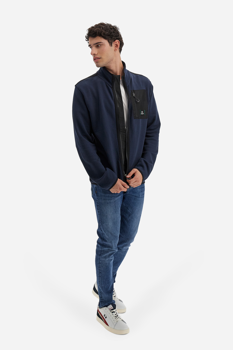 Logos men's full-zip high-neck sweatshirt in solid color with front pocket - Videlio | La Martina - Official Online Shop