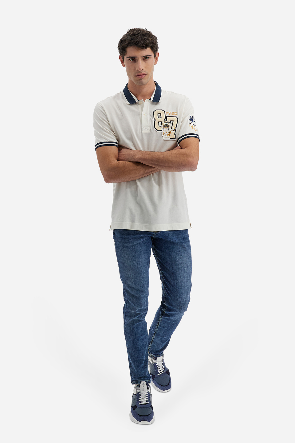Men's short-sleeved polo shirt Polo Academy solid color mini logo and maxi patch - Vasco | La Martina - Official Online Shop
