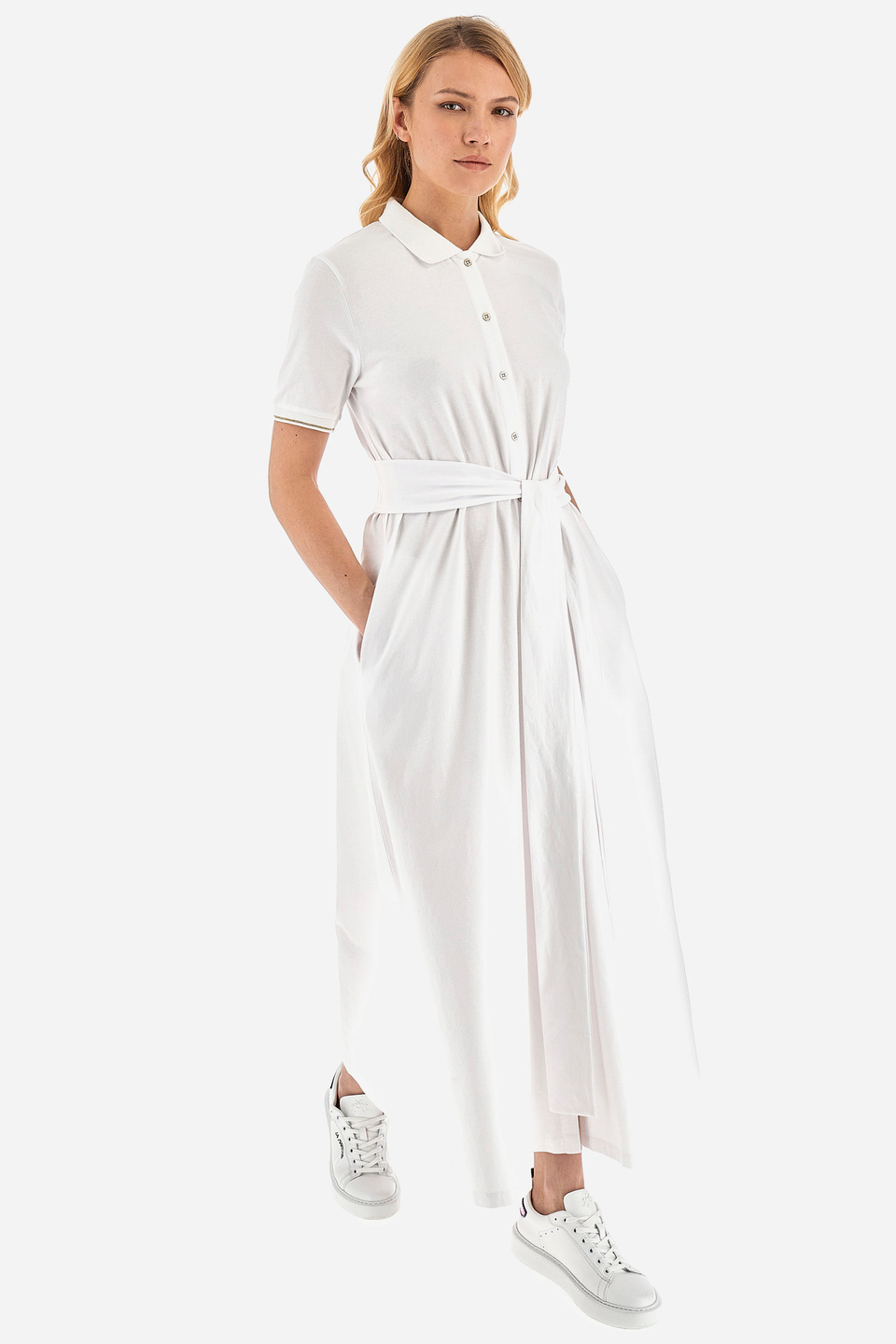 Women's long dress in cotton blend with short sleeves- | La Martina - Official Online Shop
