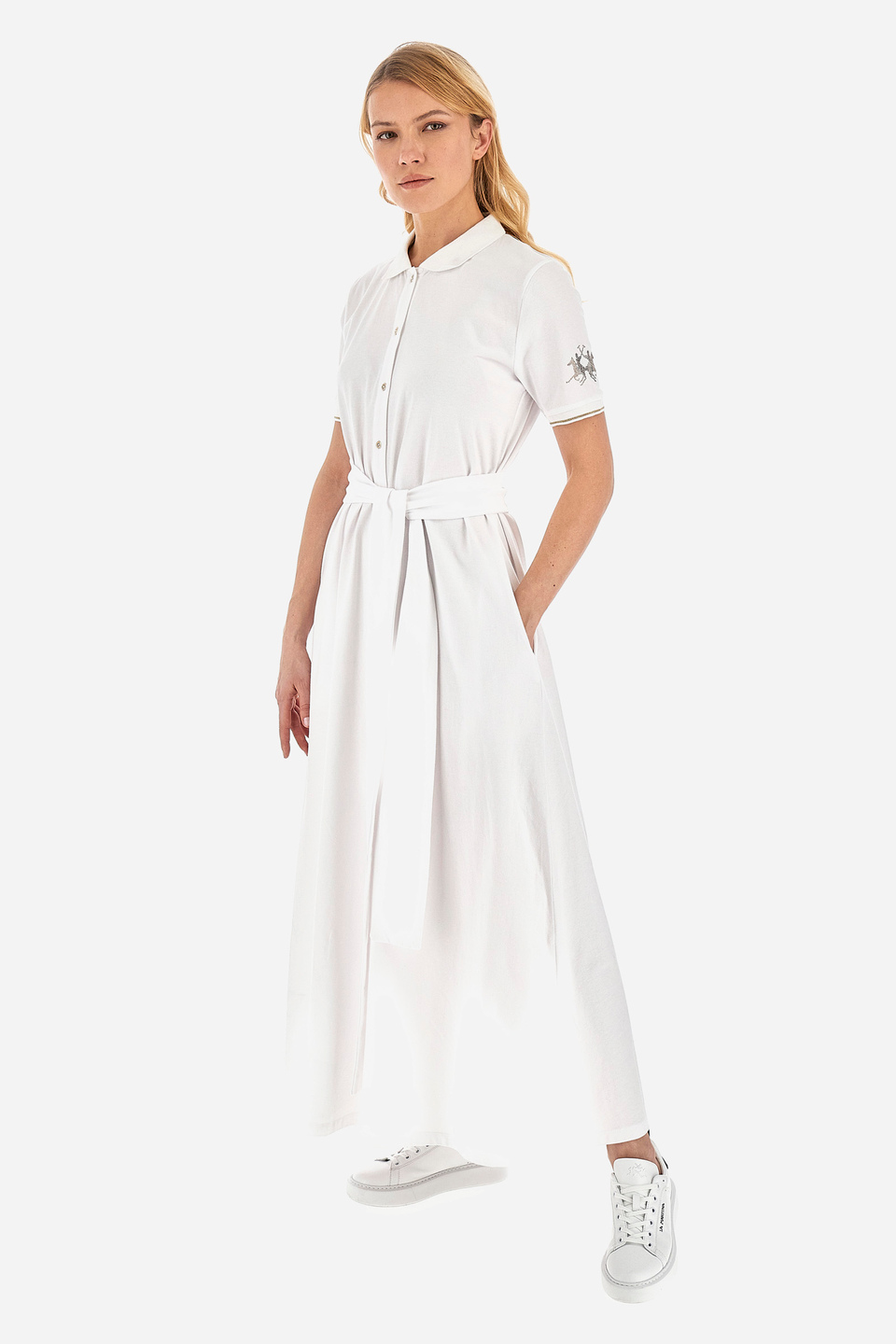 Vestido largo de mujer en mezcla de algodón con mangas cortas - | La Martina - Official Online Shop
