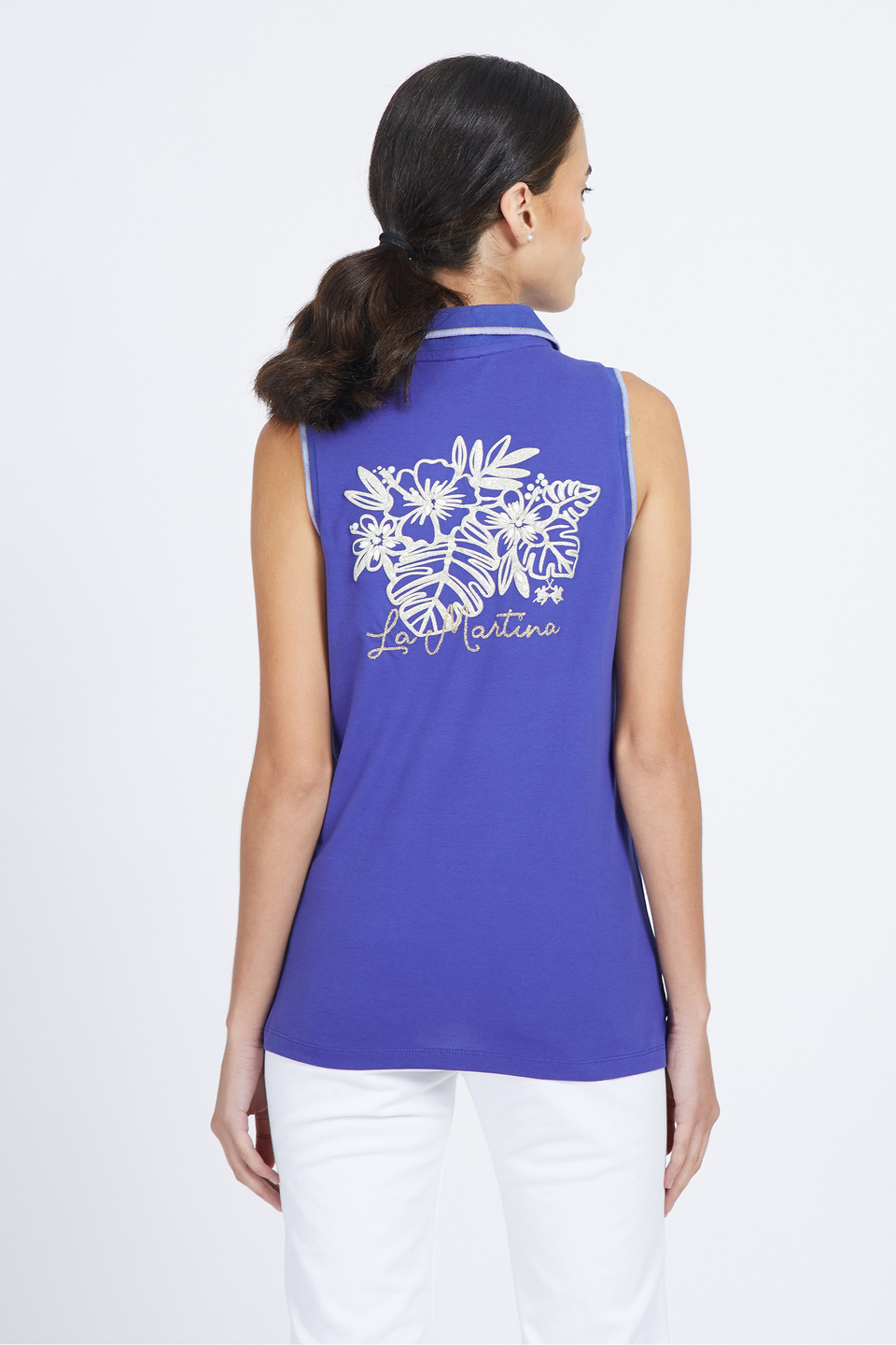 Women's sleeveless cotton blend polo shirt - Viola Clematis Blue La Martina  | Shop Online