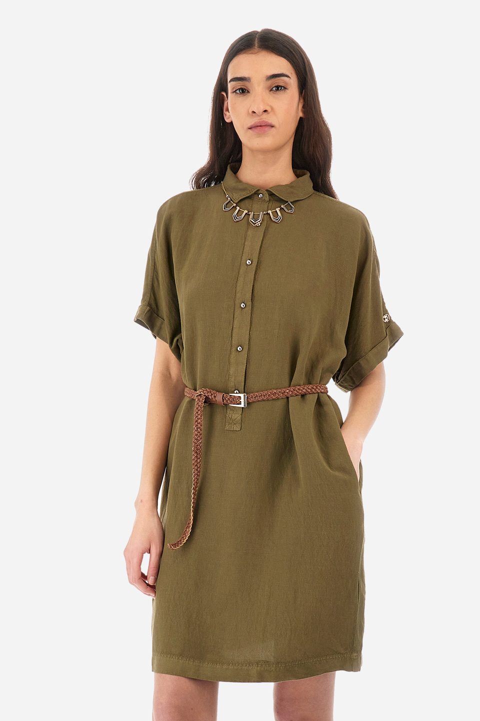 Kurzärmeliges Kleid aus Leinenmix Regular Fit – Yaryna | La Martina - Official Online Shop
