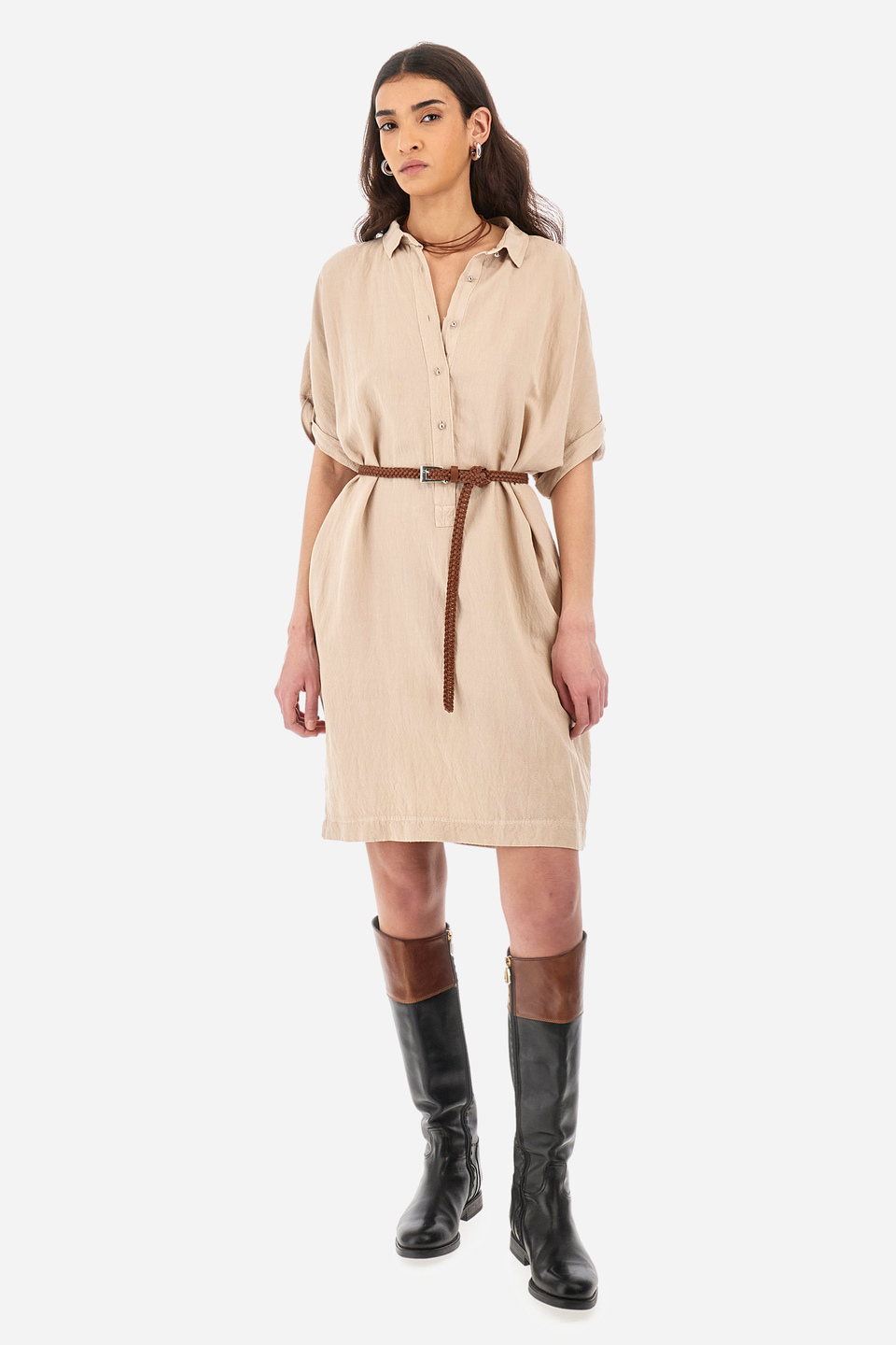 Regular-fit short-sleeves dress in a linen blend - Yaryna | La Martina - Official Online Shop