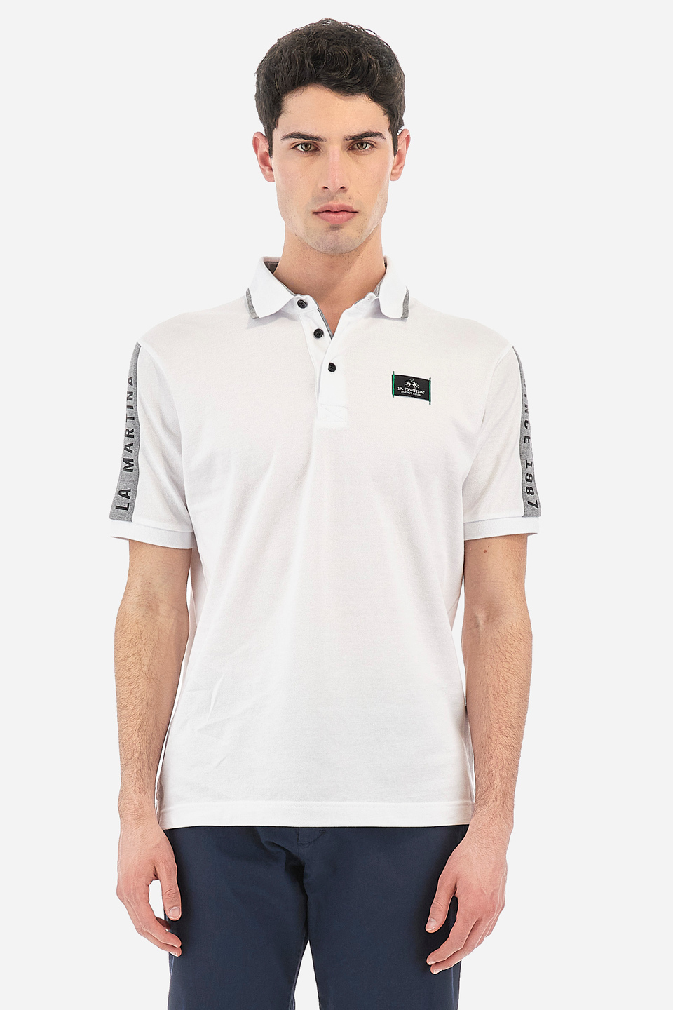 Men's short-sleeved polo shirt Logos maxi stylized logo in solid color - Velyo | La Martina - Official Online Shop