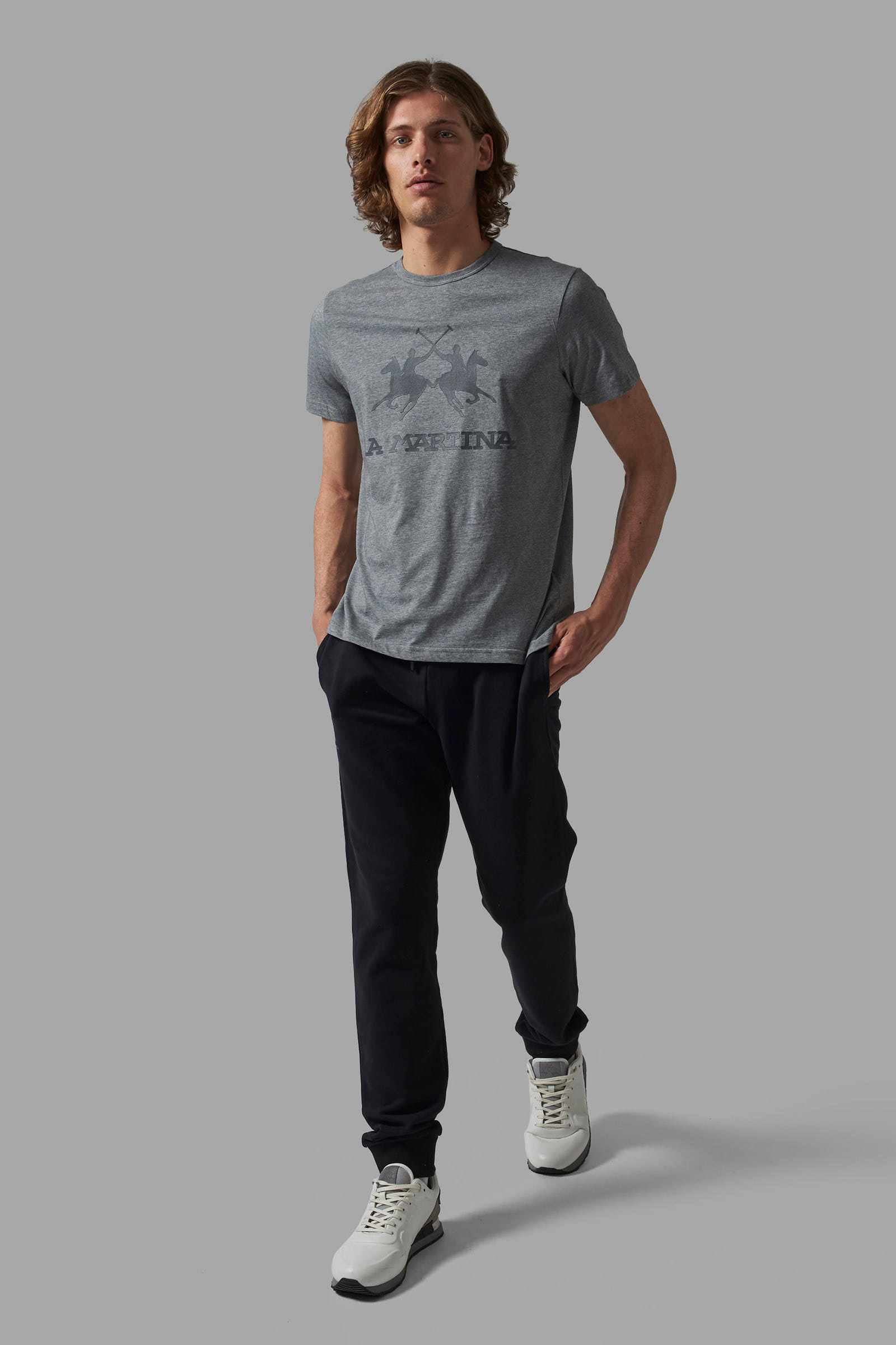 Pantalon de jogging homme en coton mélangé avec cordon de serrage et poches  Polo Academy - Vidor Gris chiné clair La Martina